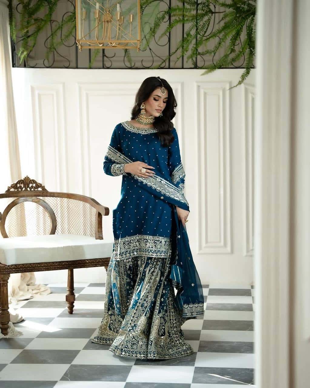 Heavy Faux Georgette Embroidered Top and Gharara with Dupatta Set