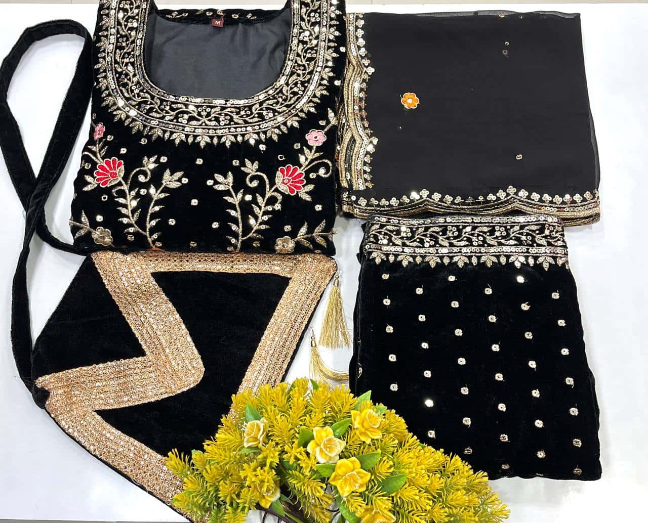 "Elegant Velvet & Georgette Set with Sequence & Thread Embroidery, Cutwork & Potli - Kurti, Plazzo & Dupatta"