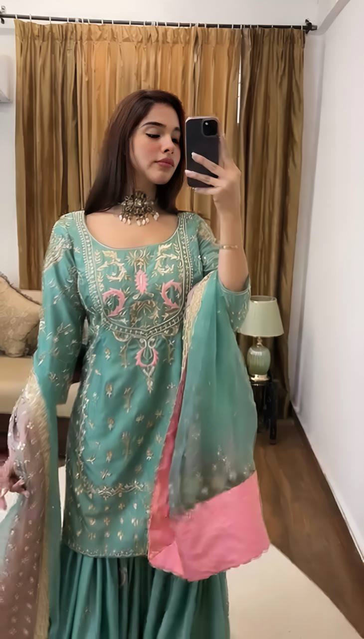 Designer Party Wear Chinnon Silk Top-Sharara Set with Embroidered Dupatta