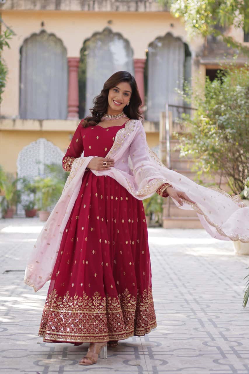 "Elegant Faux Blooming Embroidered Gown with Tabby Silk Dupatta"