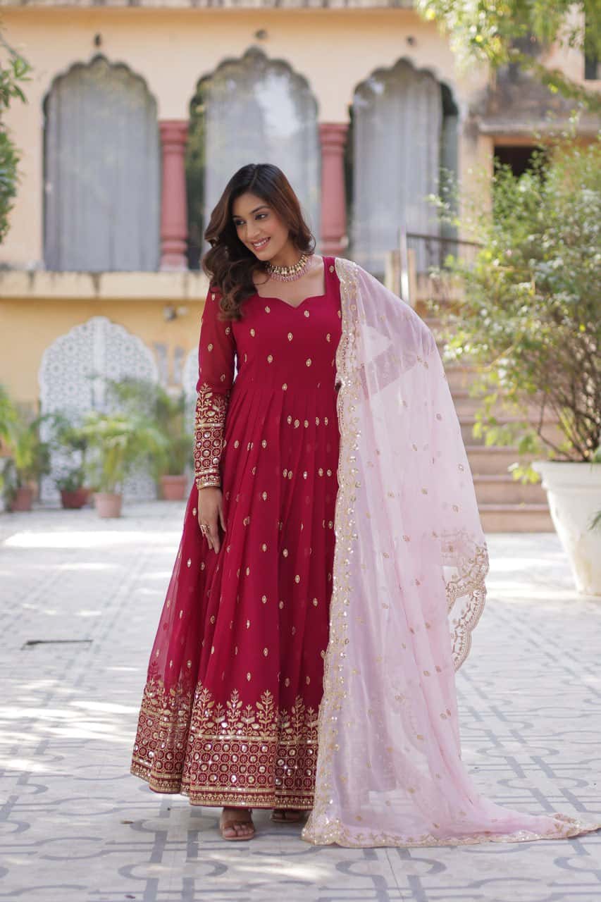 "Elegant Faux Blooming Embroidered Gown with Tabby Silk Dupatta"