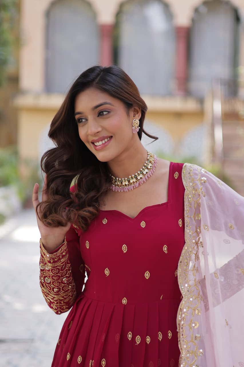 "Elegant Faux Blooming Embroidered Gown with Tabby Silk Dupatta"