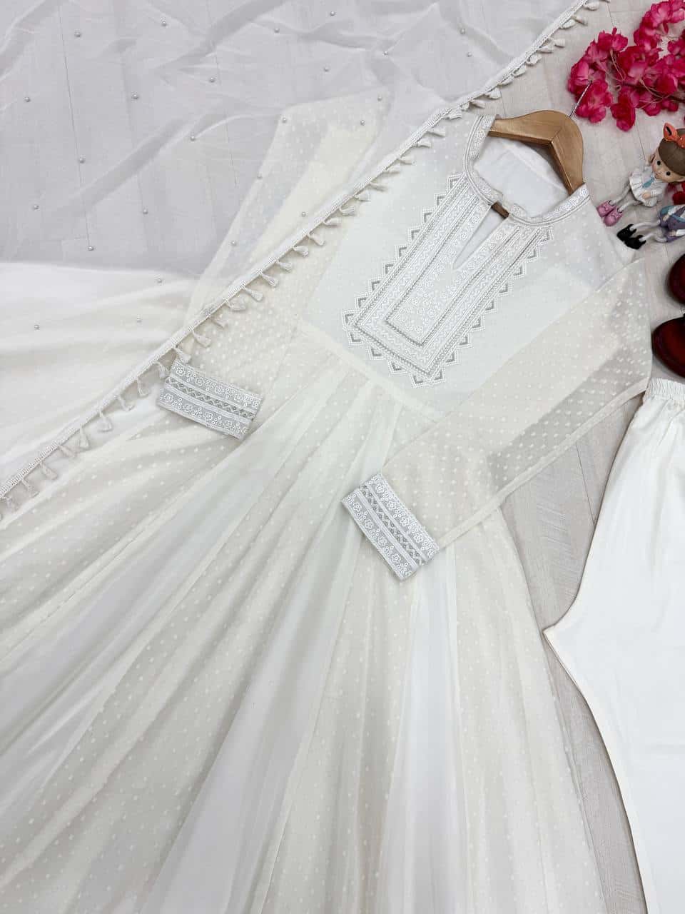 "Exquisite Heavy Faux Georgette Anarkali Gown Set with Embroidery, Tassels, and Moti Work"
