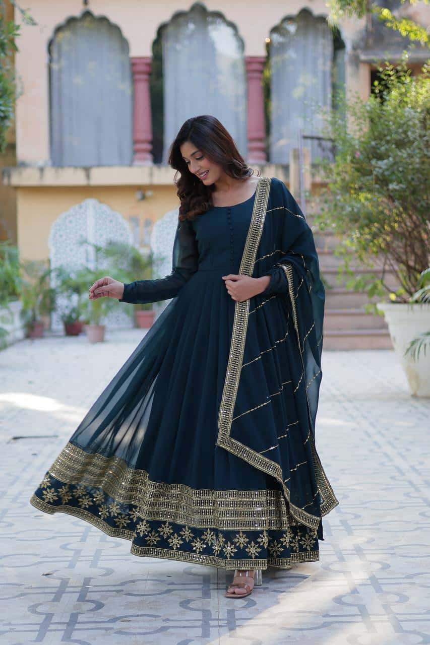 "Elegantly Embellished Faux Blooming Sequin Gown with Dupatta – Perfect for Festive Occasions"