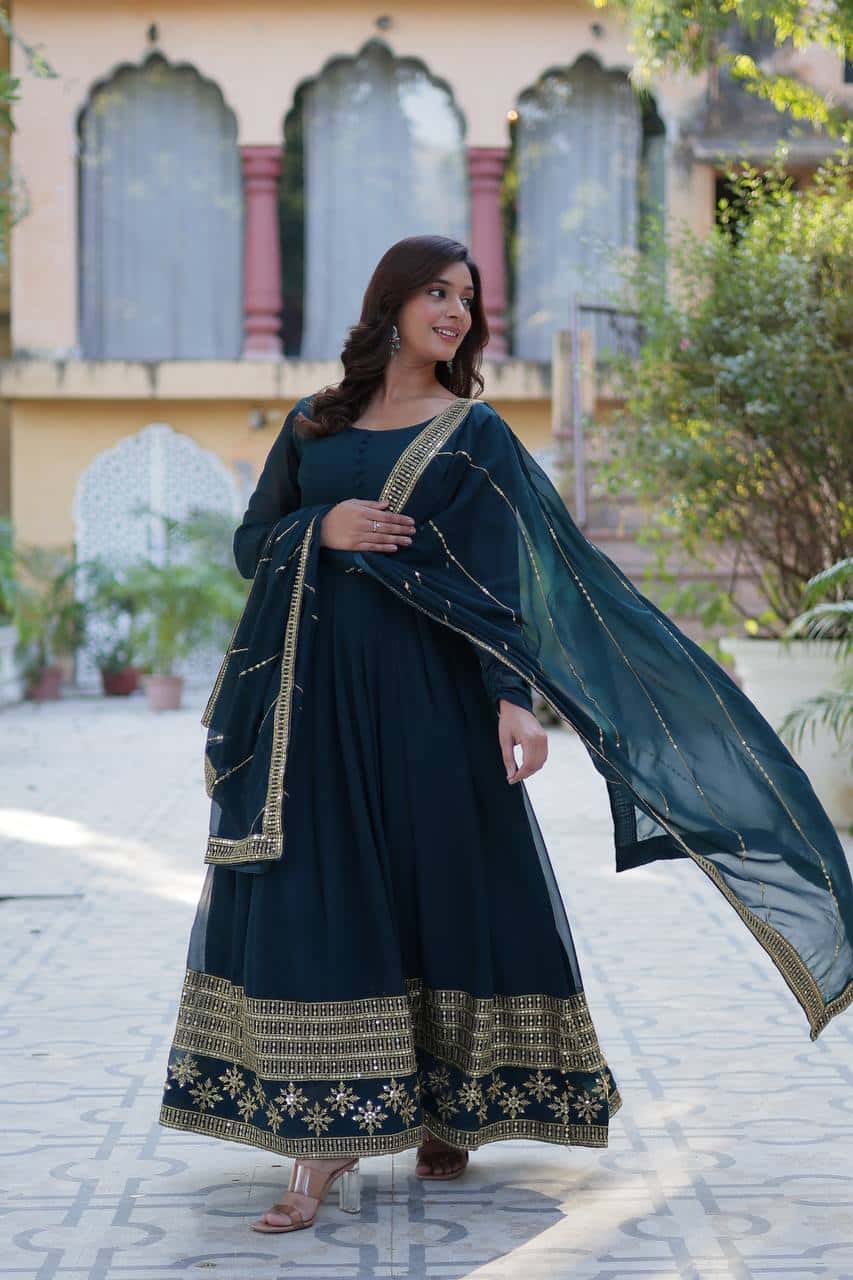 "Elegantly Embellished Faux Blooming Sequin Gown with Dupatta – Perfect for Festive Occasions"