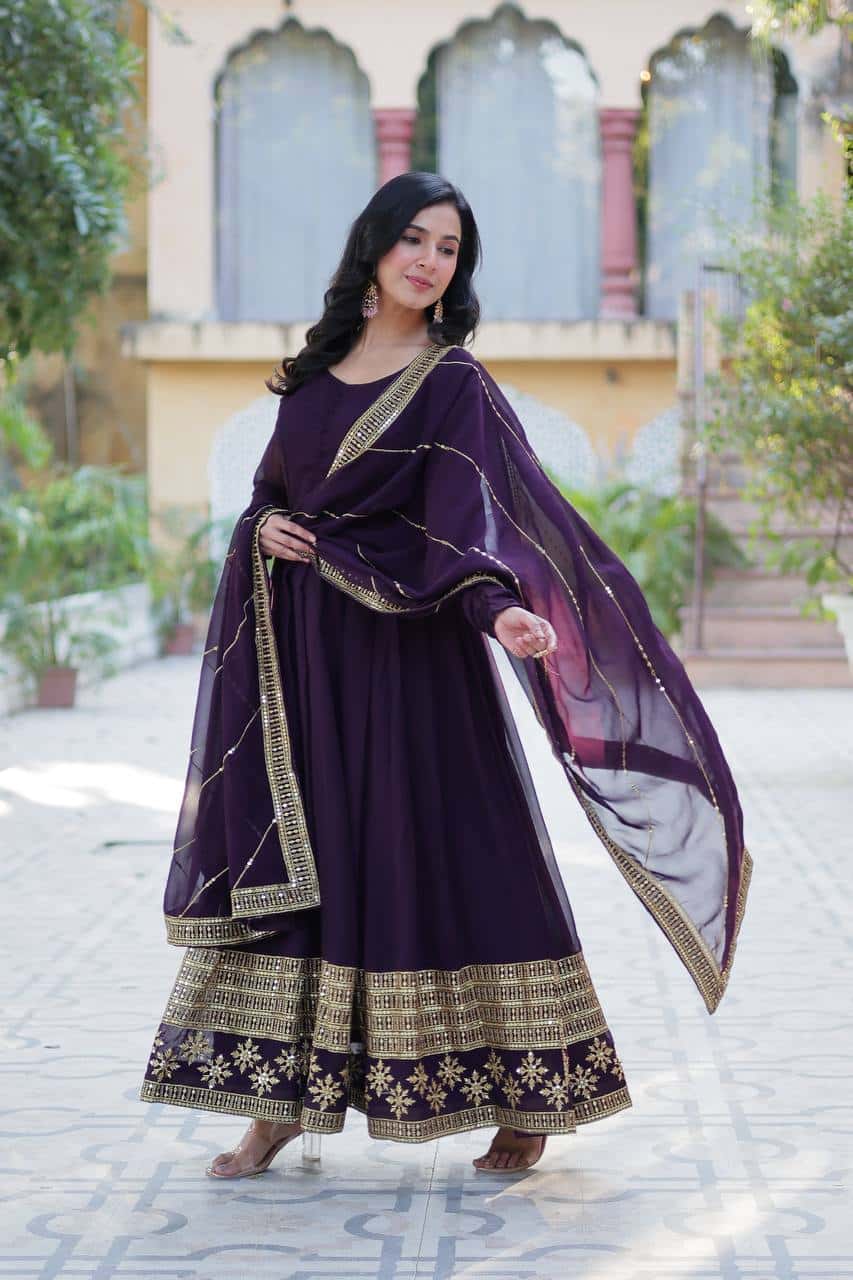"Elegantly Embellished Faux Blooming Sequin Gown with Dupatta – Perfect for Festive Occasions"