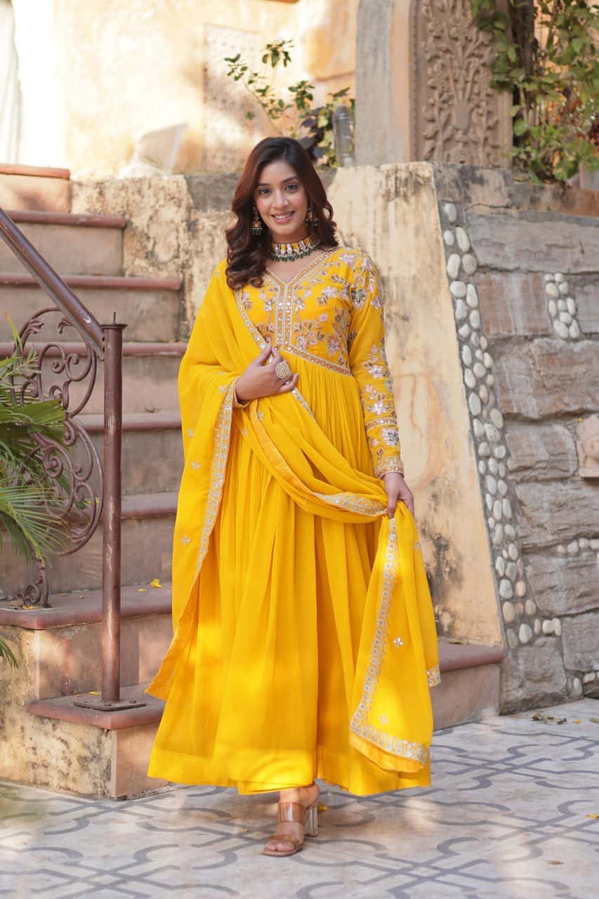"Exquisite Faux Blooming Embroidered Gown with Sequins & Designer Dupatta Set"