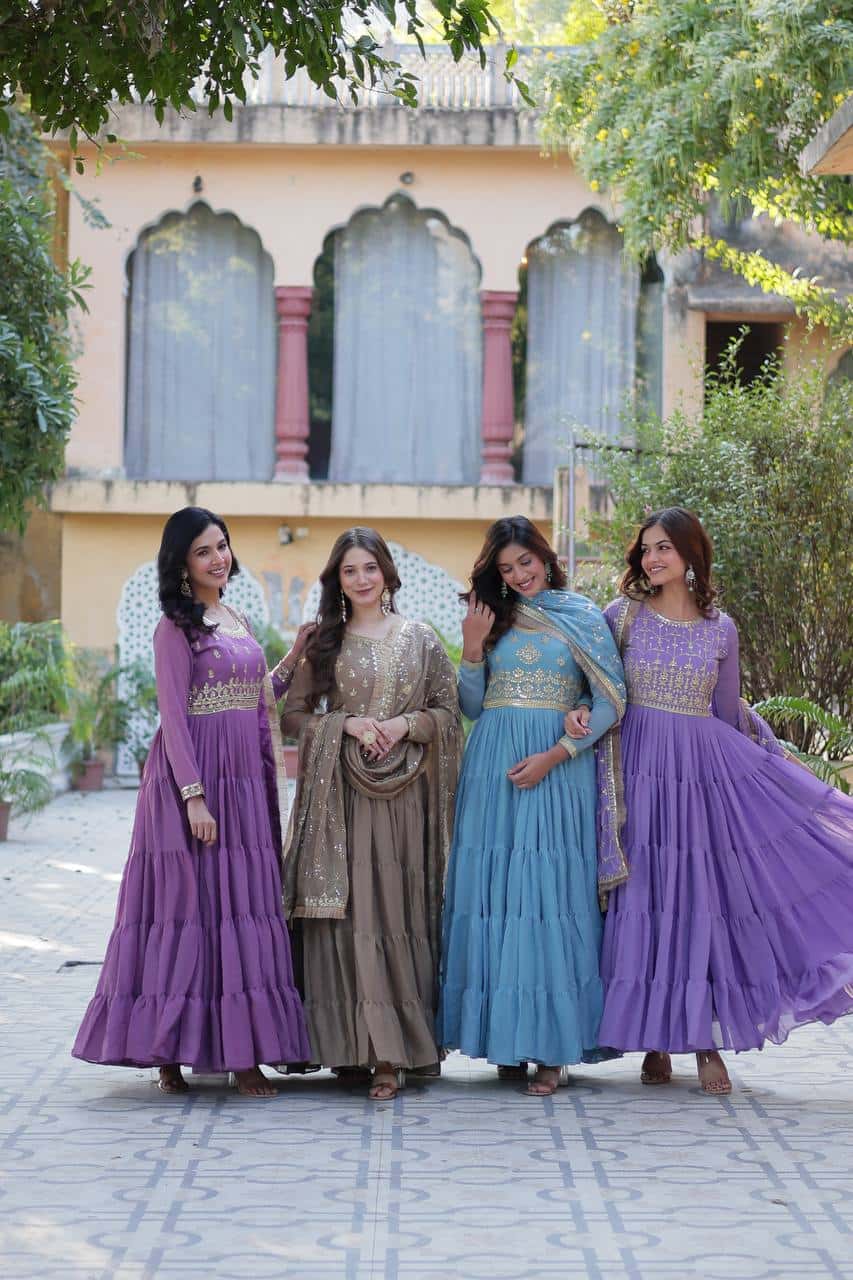 "Premium Star Georgette Gown with Rich Sequins Embroidery & Lace Dupatta "