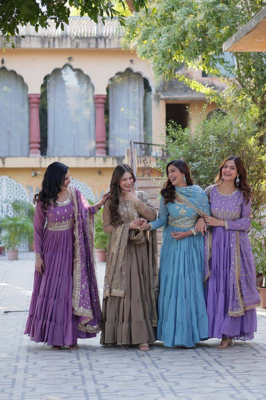 "Premium Star Georgette Gown with Rich Sequins Embroidery & Lace Dupatta "