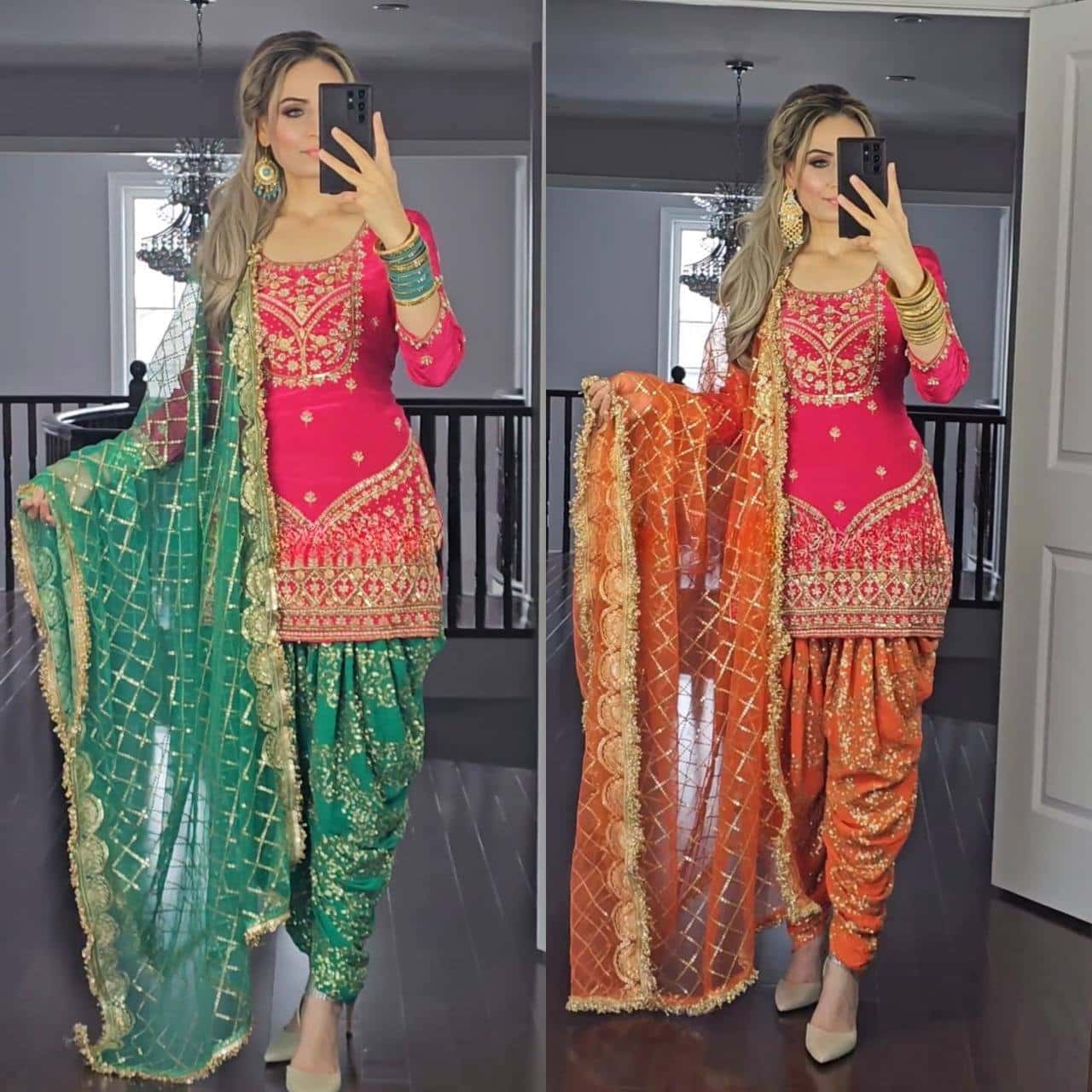 Beautiful faux georgette orange and green punjabi dhoti set