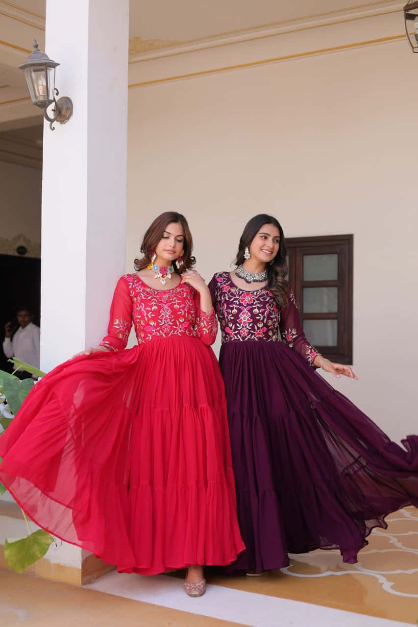 Full flared faux georgette hand embroidered gown