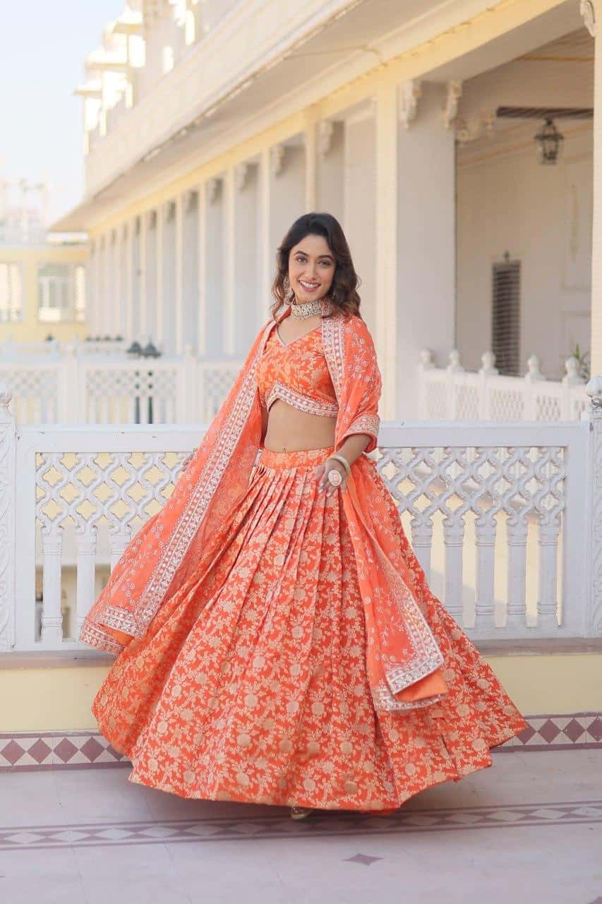 Pure Dyable Viscose Jacquard with Embroidered Sequins Work Blouse with Lehenga