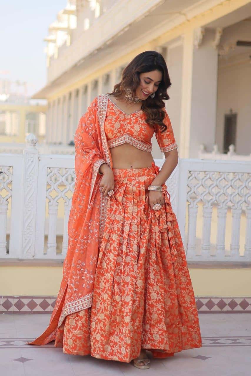 Pure Dyable Viscose Jacquard with Embroidered Sequins Work Blouse with Lehenga