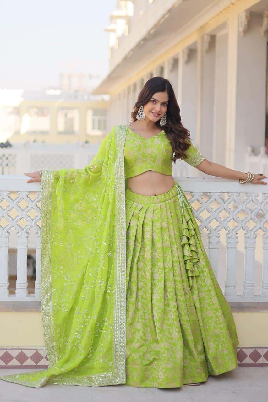 Pure Dyable Viscose Jacquard with Embroidered Sequins Work Blouse with Lehenga