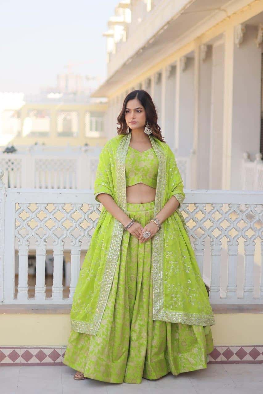 Pure Dyable Viscose Jacquard with Embroidered Sequins Work Blouse with Lehenga