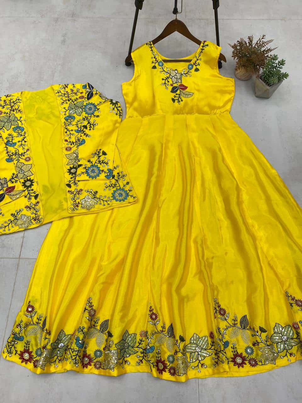 "Elegant Chinon Koti & Gown Set with Detailed Sequence Embroidery"