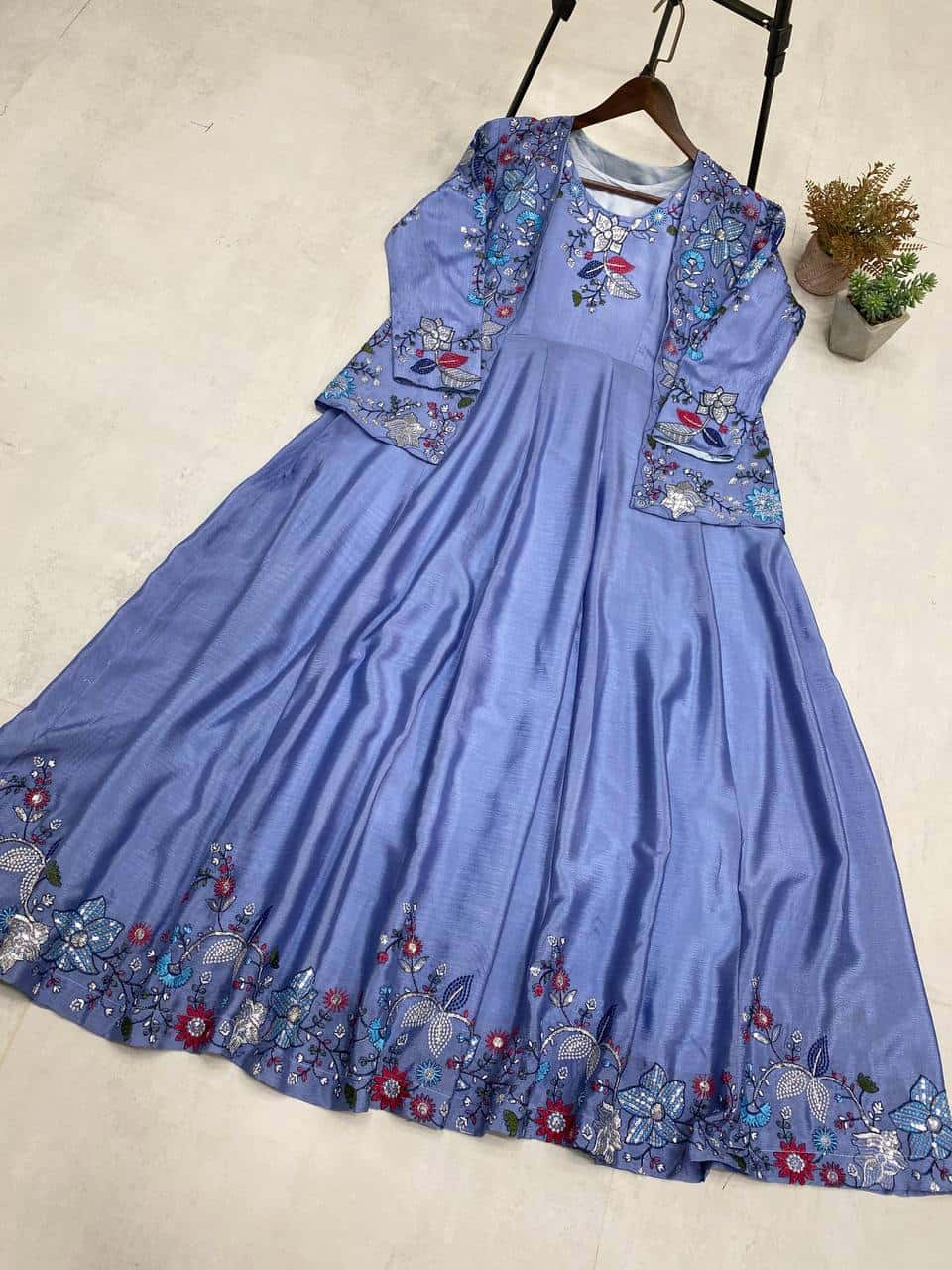 "Elegant Chinon Koti & Gown Set with Detailed Sequence Embroidery"