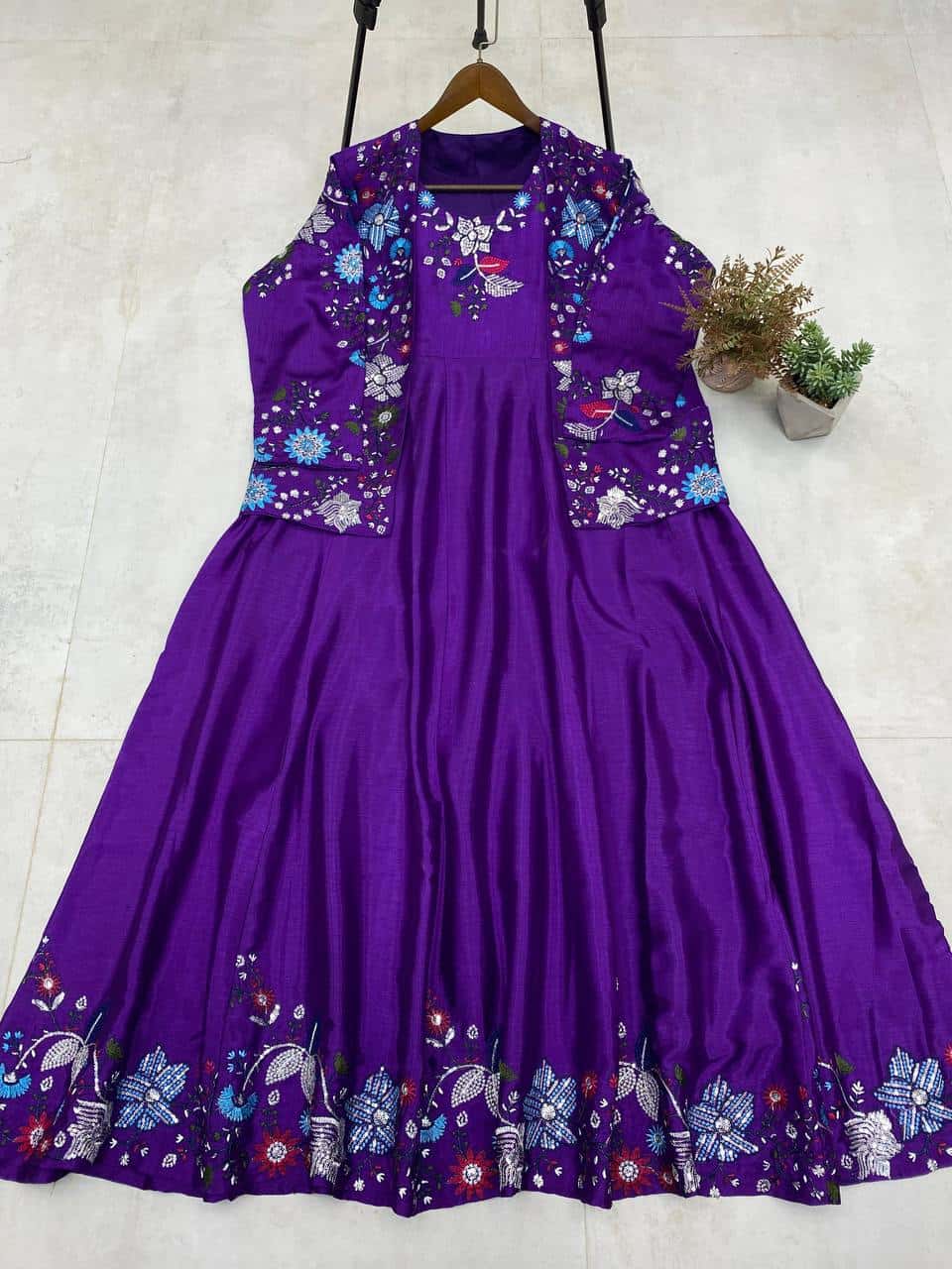 "Elegant Chinon Koti & Gown Set with Detailed Sequence Embroidery"