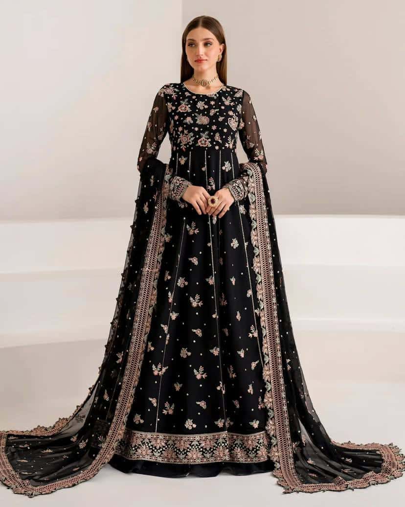 "Elegant Heavy Georgette Gown & Sharara Set with Sequence & Thread Embroidery – Fully Stitched"
