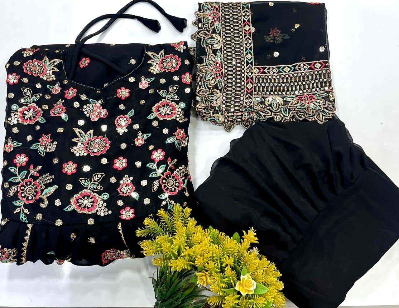 "Elegant Heavy Georgette Gown & Sharara Set with Sequence & Thread Embroidery – Fully Stitched"