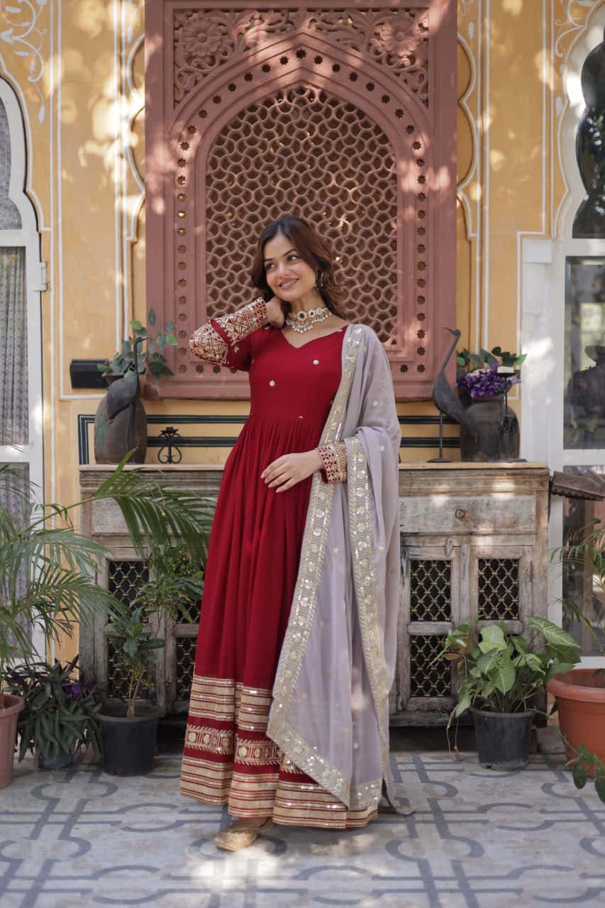 Elegant Faux Blooming Embroidered Zari Sequins Gown with Sequins-Embroidered Dupatta