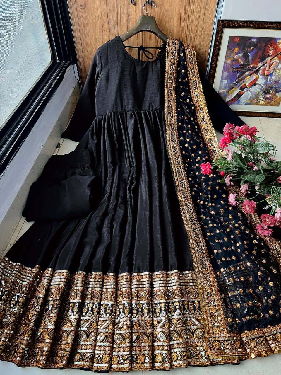 “Elegant Chinon Silk Gown Set with Sequence & Zari Embroidery, Fully Stitched Pants, and Soft Net Dupatta”