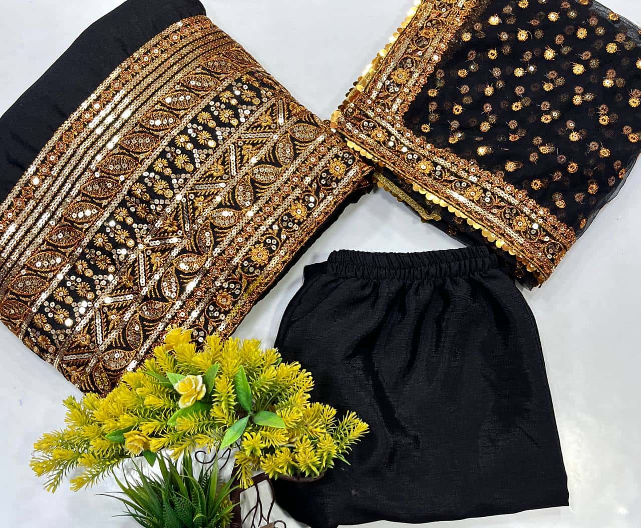 “Elegant Chinon Silk Gown Set with Sequence & Zari Embroidery, Fully Stitched Pants, and Soft Net Dupatta”