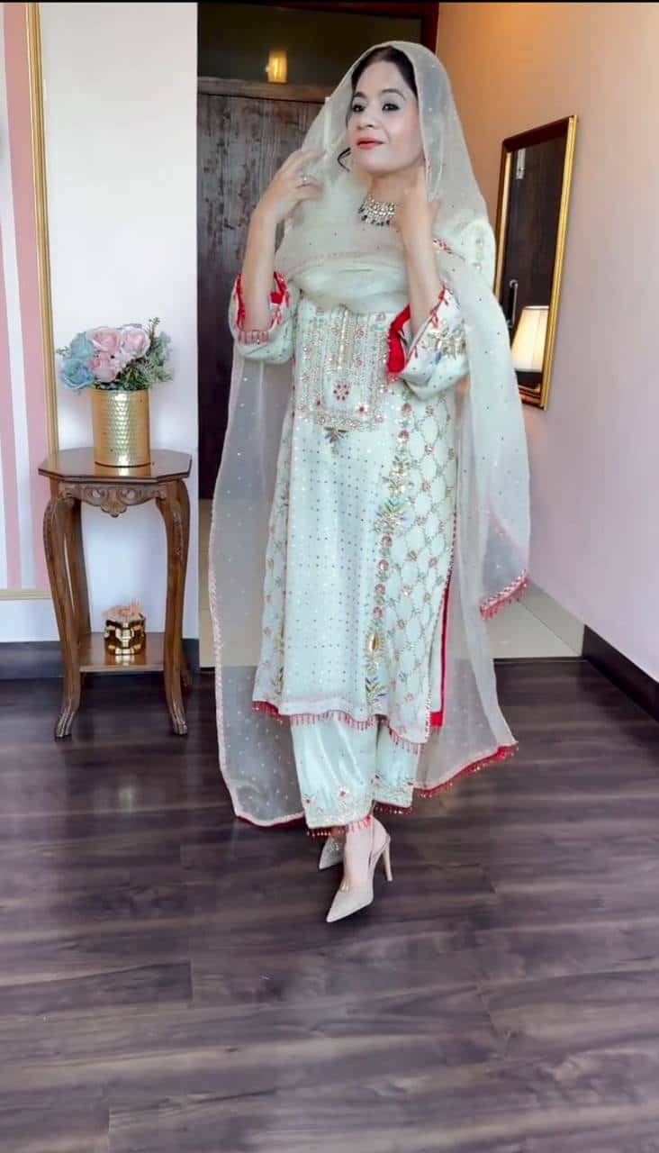 "Chinon Silk Embroidered Suit Set with Sequins, Thread Work & Fancy Lace Detailing"