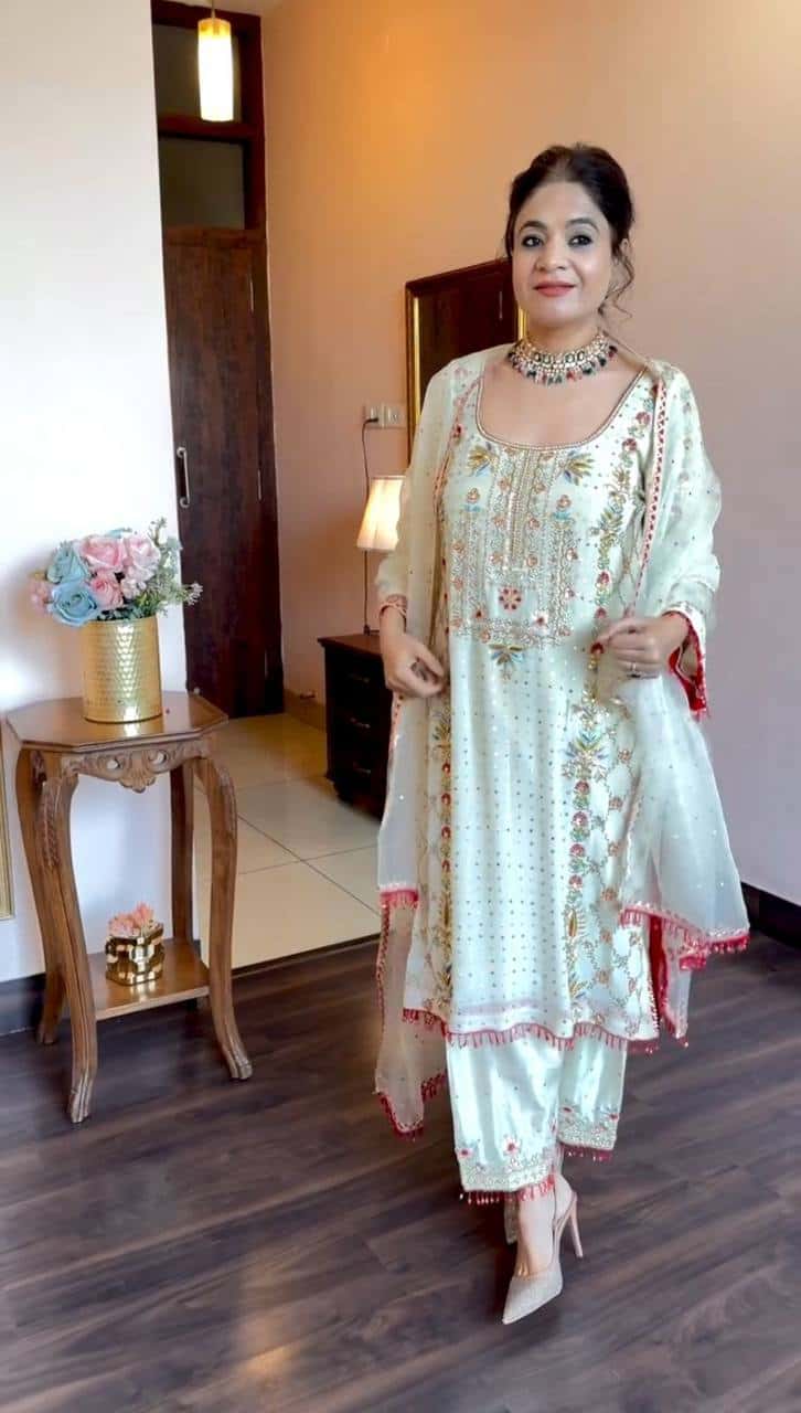 "Chinon Silk Embroidered Suit Set with Sequins, Thread Work & Fancy Lace Detailing"