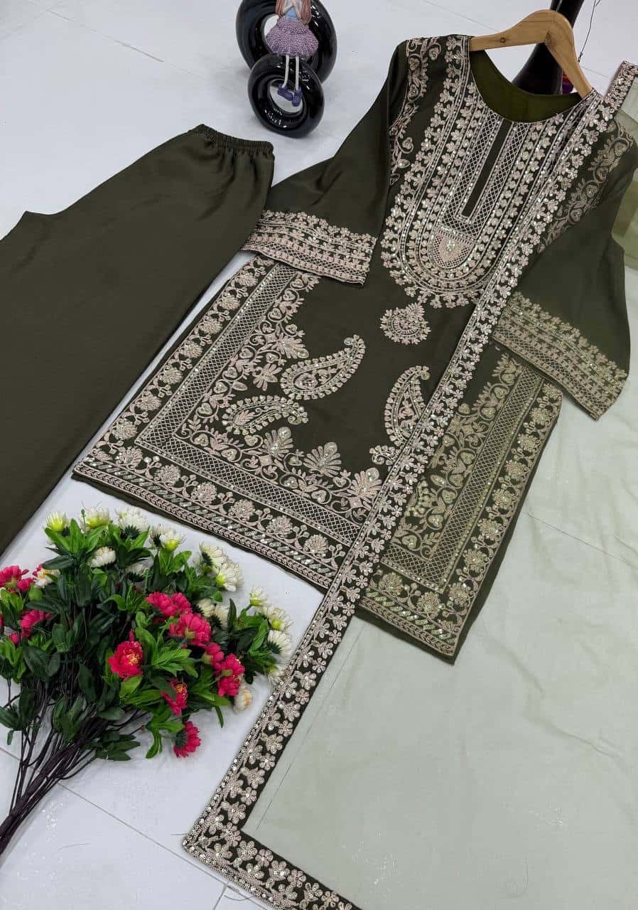 "Elegant Chinon Set with Embroidered Sleeves, Palazzo & Soft Net Dupatta"