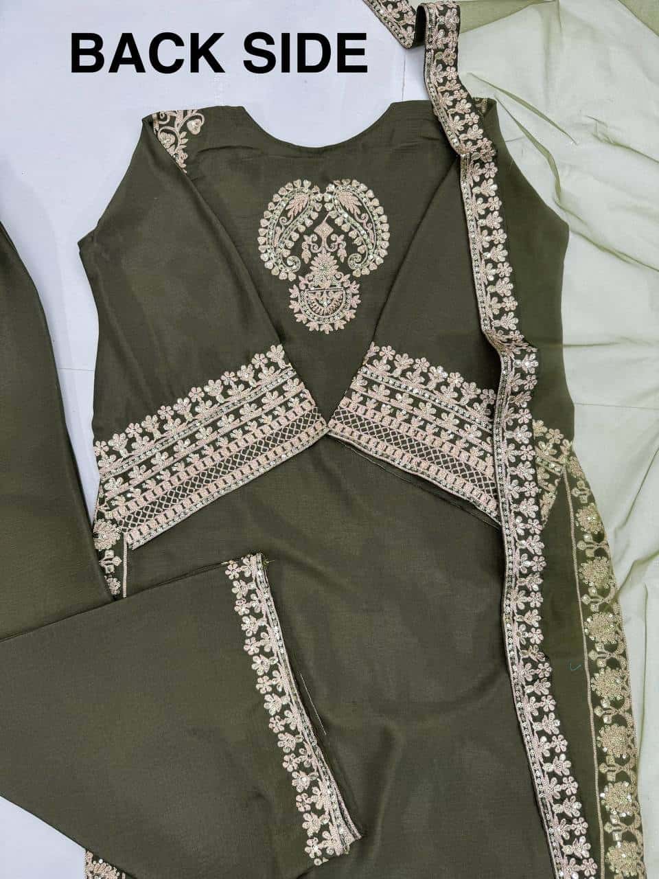 "Elegant Chinon Set with Embroidered Sleeves, Palazzo & Soft Net Dupatta"