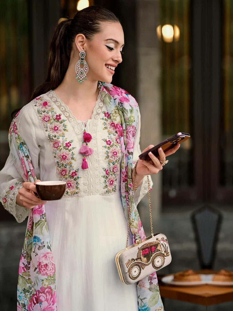 "Embroidered Chanderi Silk Top with Roman Silk Pant & Organza Dupatta – Fully Stitched, Ready-Made Set"