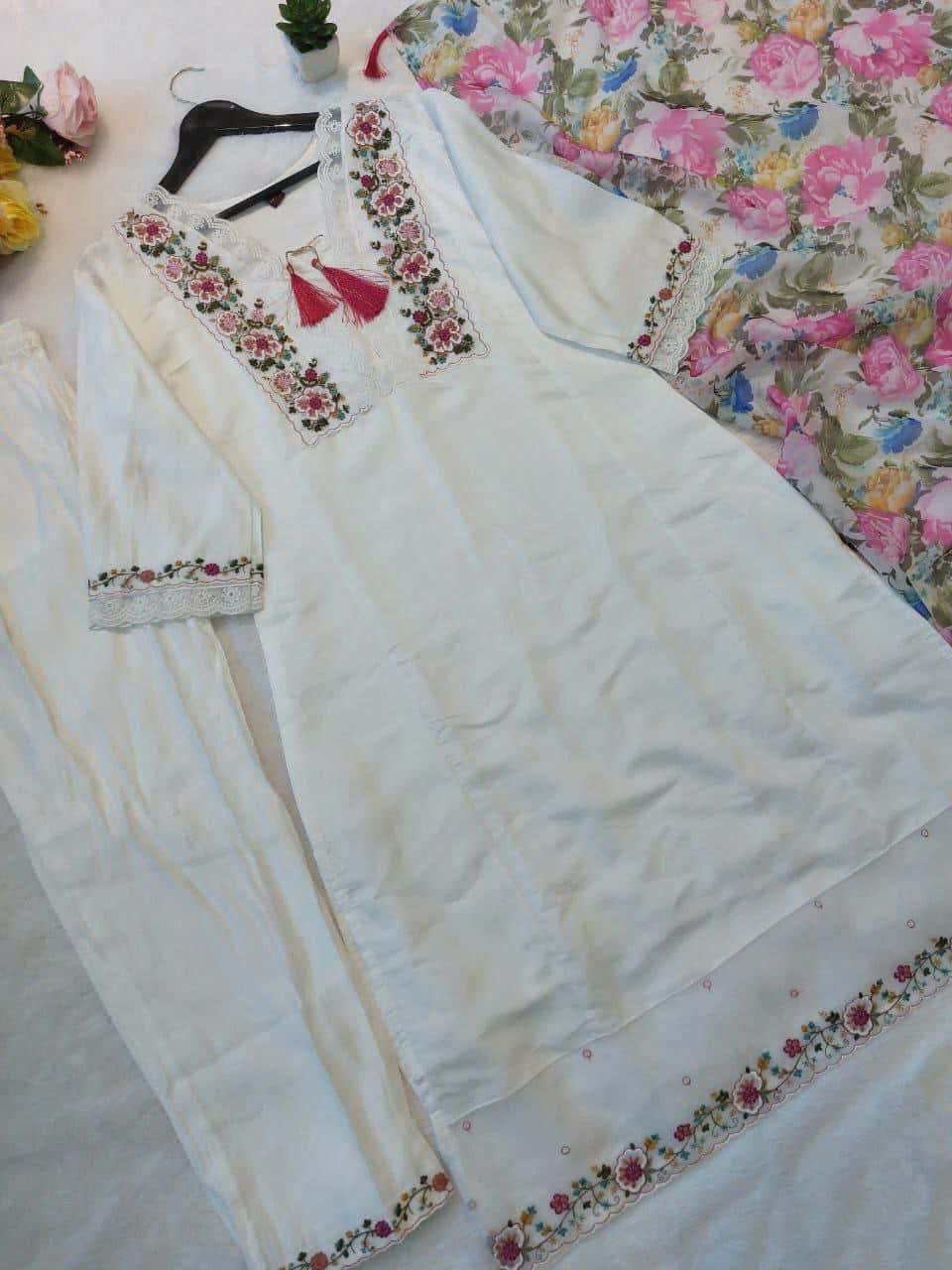 "Embroidered Chanderi Silk Top with Roman Silk Pant & Organza Dupatta – Fully Stitched, Ready-Made Set"