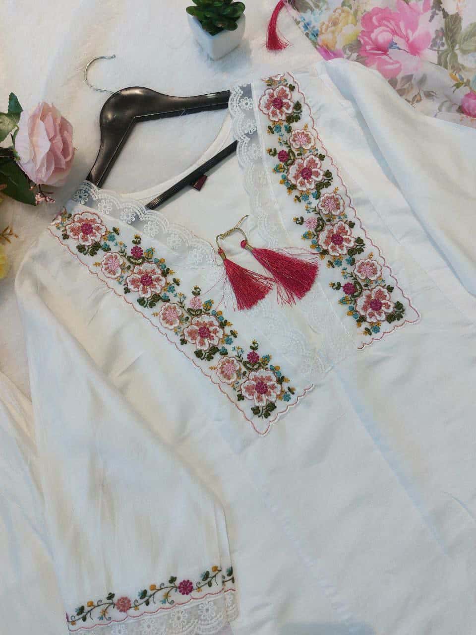 "Embroidered Chanderi Silk Top with Roman Silk Pant & Organza Dupatta – Fully Stitched, Ready-Made Set"