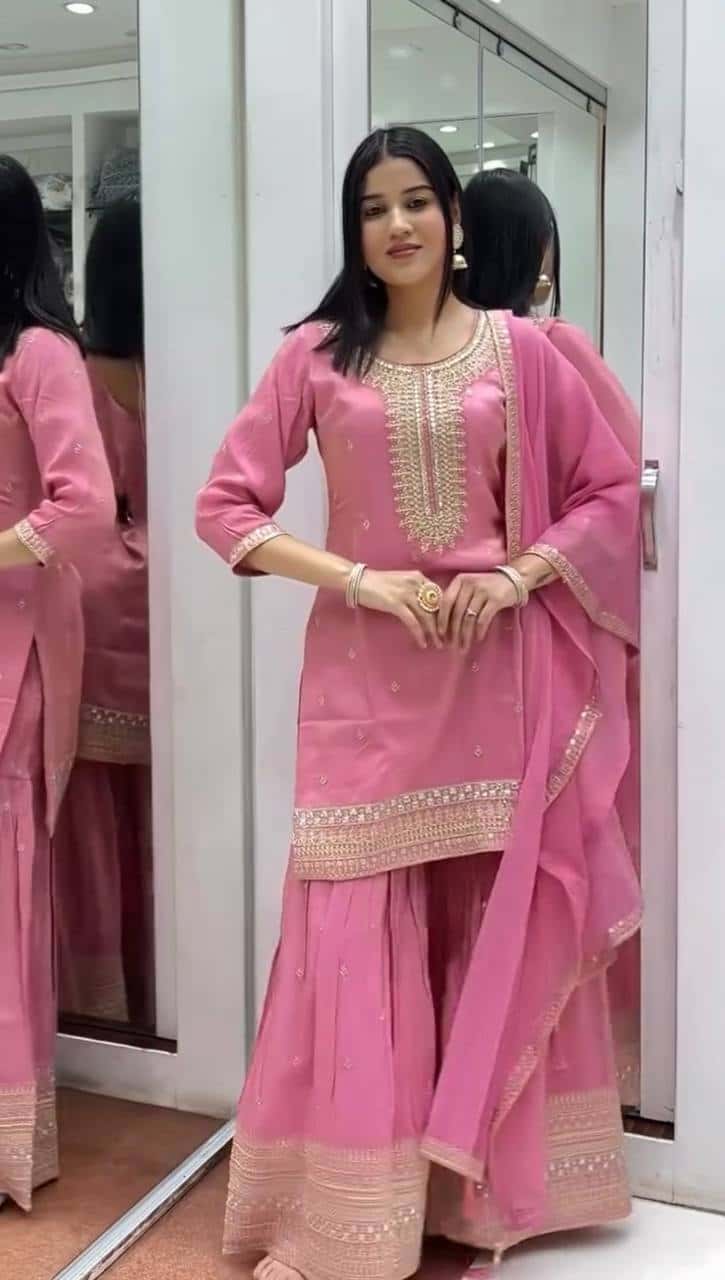 "Elegant Heavy Pure Chinnon Silk Embroidered Set with Sharara & Dupatta"