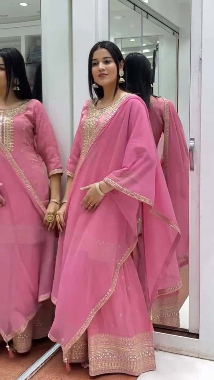 "Elegant Heavy Pure Chinnon Silk Embroidered Set with Sharara & Dupatta"