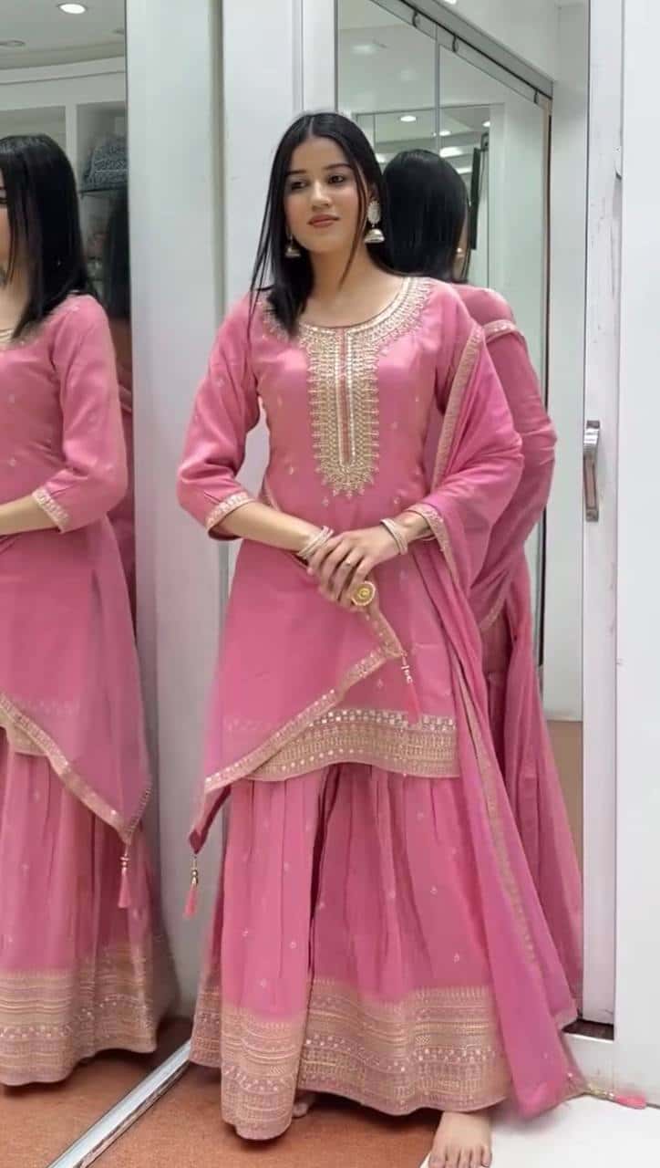 "Elegant Heavy Pure Chinnon Silk Embroidered Set with Sharara & Dupatta"