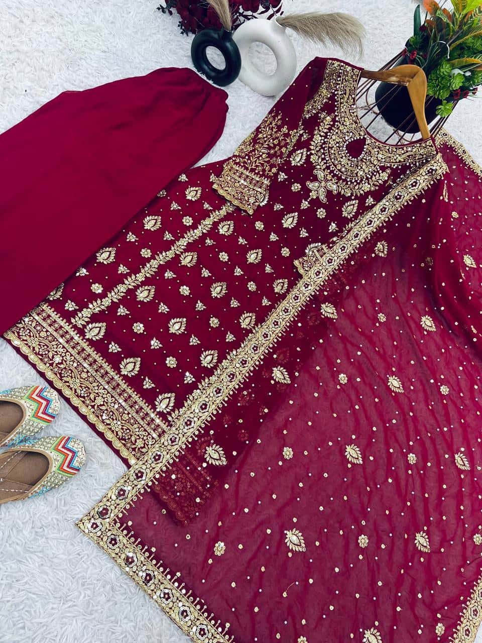 "Elegant Faux Georgette Embroidered Suit Set with Full Sleeves, Pants, and Dupatta"
