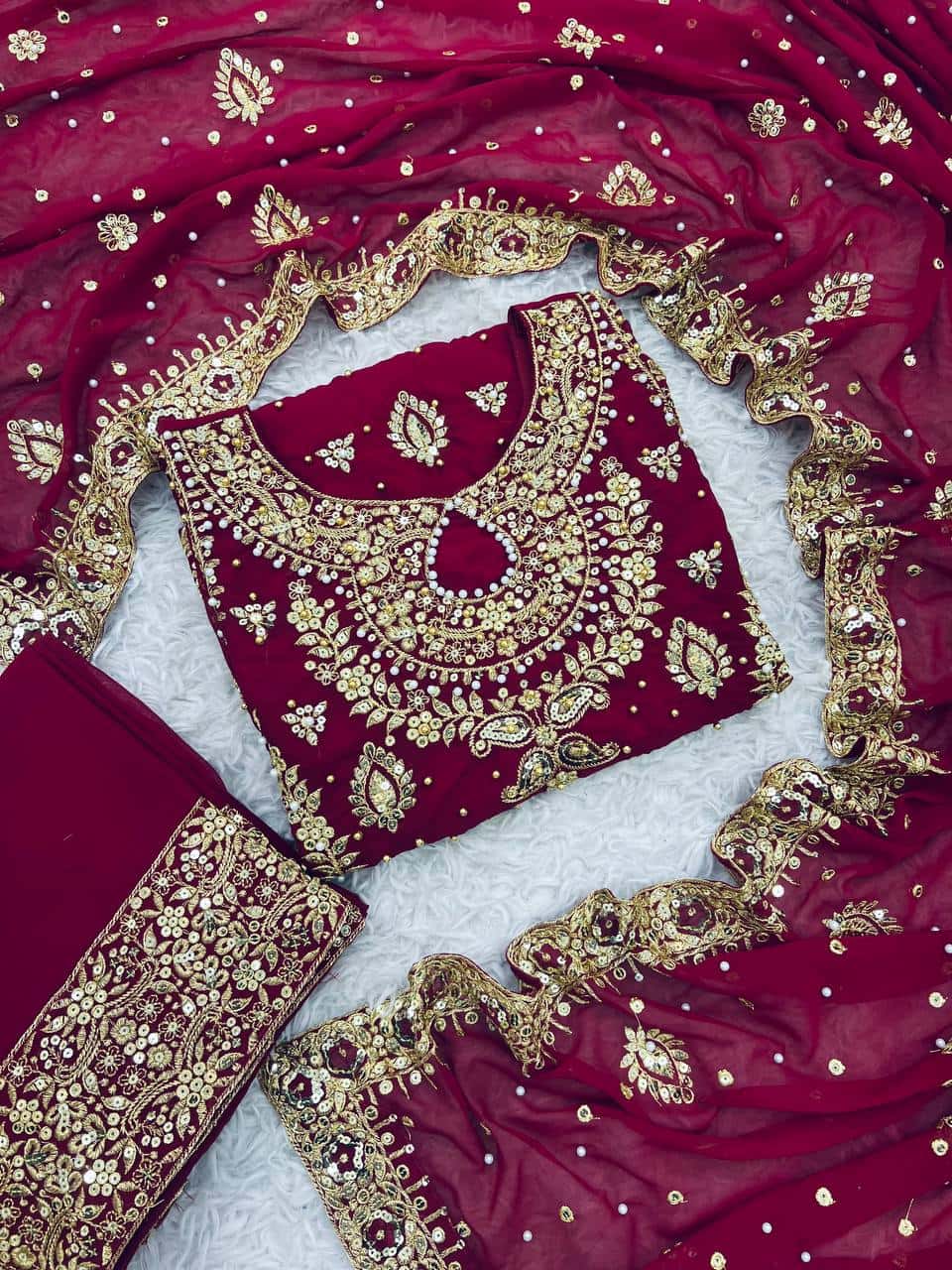 "Elegant Faux Georgette Embroidered Suit Set with Full Sleeves, Pants, and Dupatta"