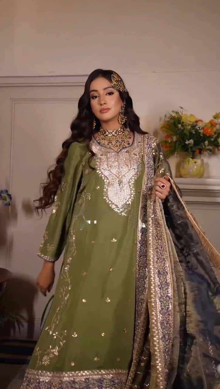Chinon Elegance: Embroidered Top, Pant, and Dupatta Set