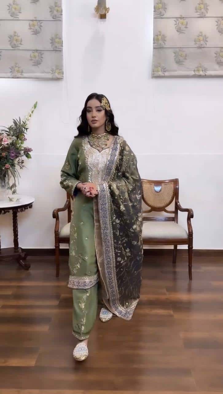 Chinon Elegance: Embroidered Top, Pant, and Dupatta Set