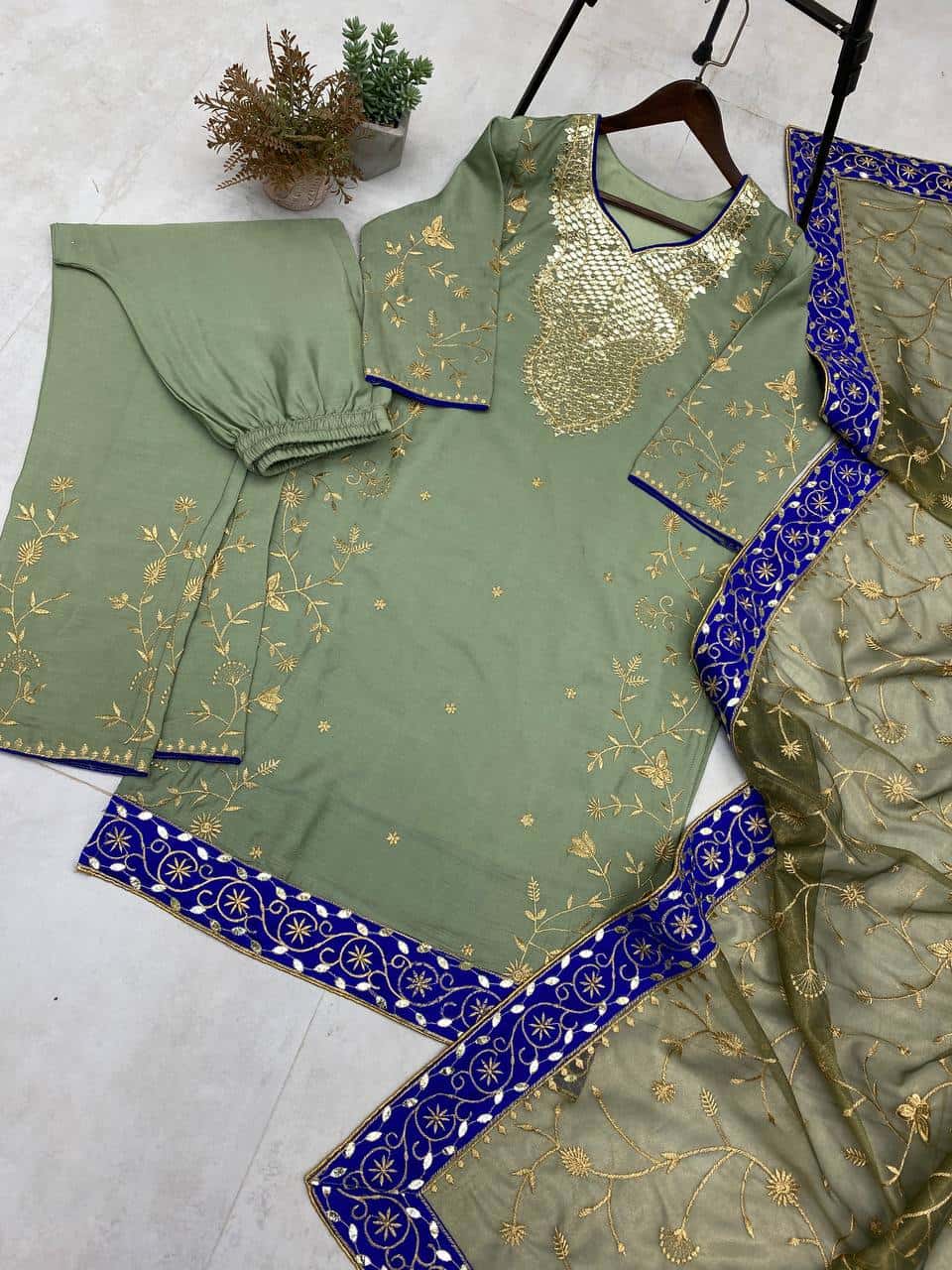 Chinon Elegance: Embroidered Top, Pant, and Dupatta Set