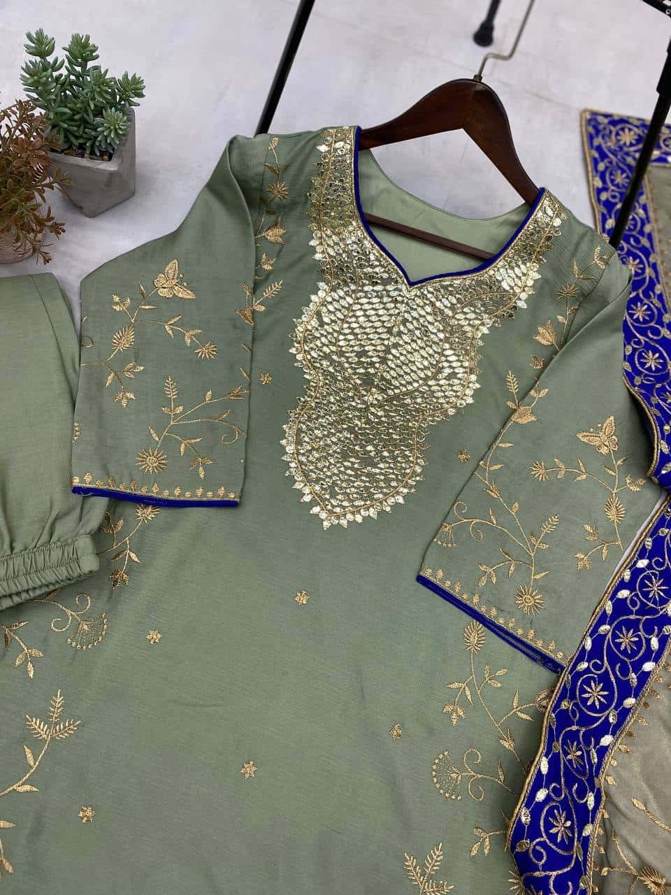 Chinon Elegance: Embroidered Top, Pant, and Dupatta Set