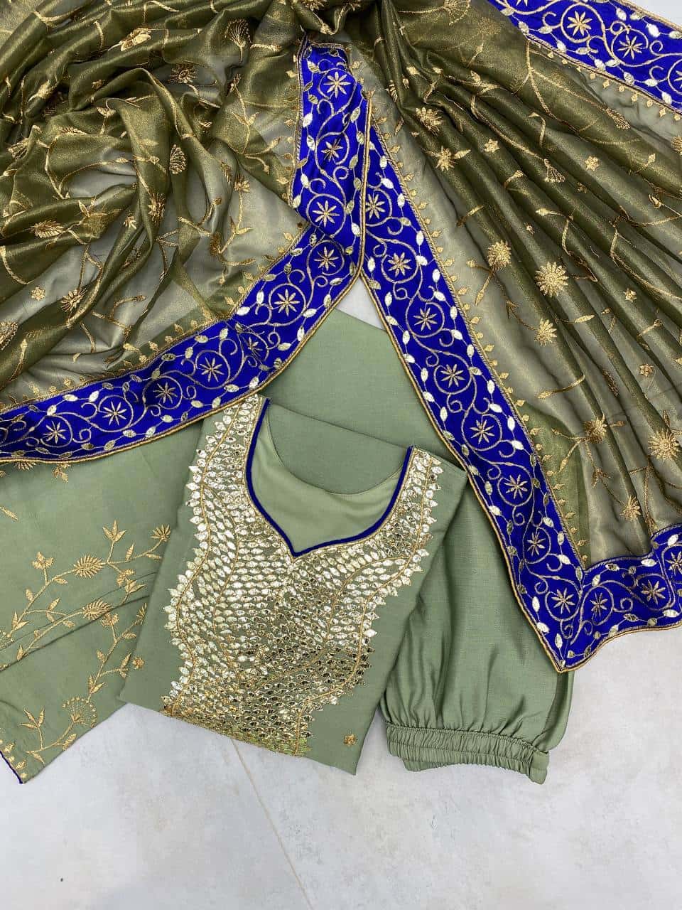 Chinon Elegance: Embroidered Top, Pant, and Dupatta Set