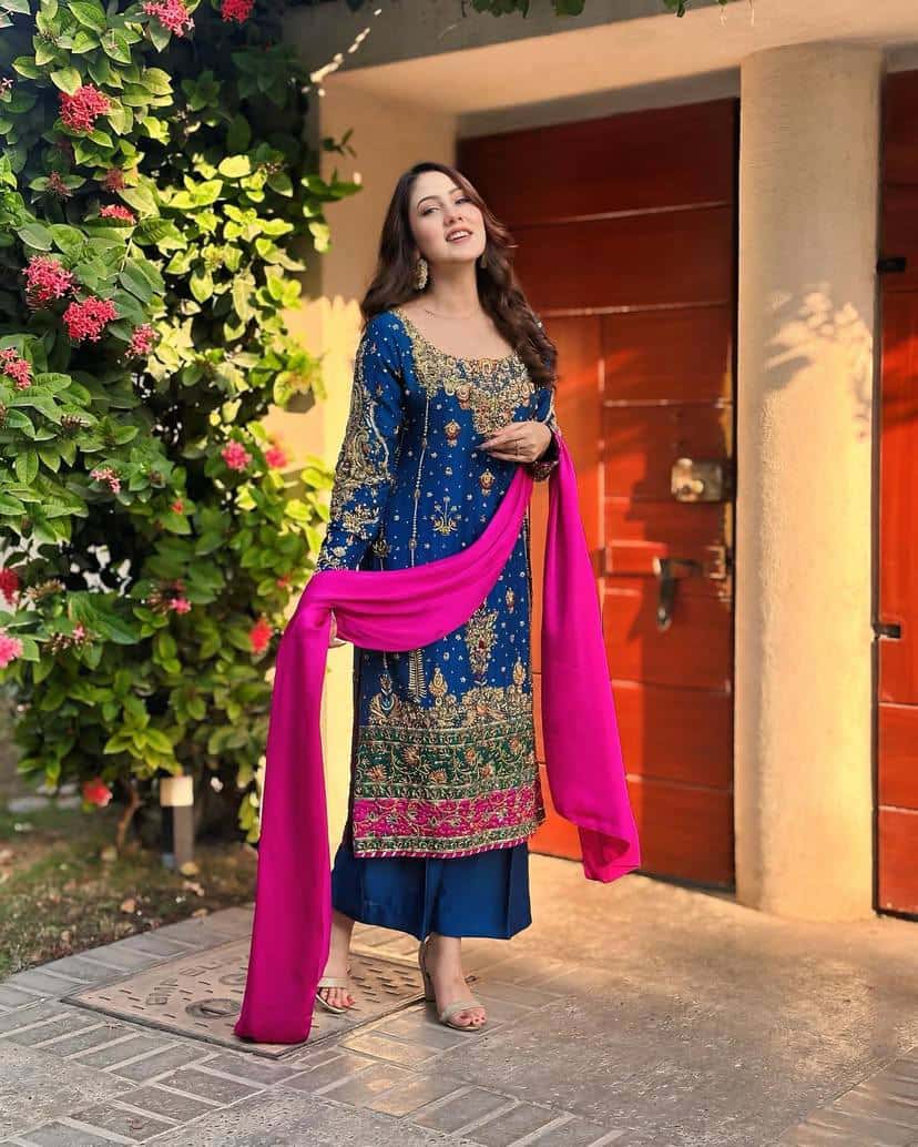 "Elegant Chinon Silk Ensemble with Zari & Sequins Embroidery"