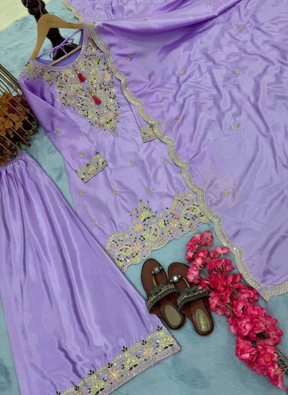 "Festive Embroidered Chinon Silk Ensemble with Tassels and Cutwork Dupatta"
