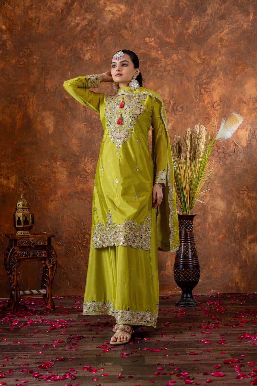 "Festive Embroidered Chinon Silk Ensemble with Tassels and Cutwork Dupatta"