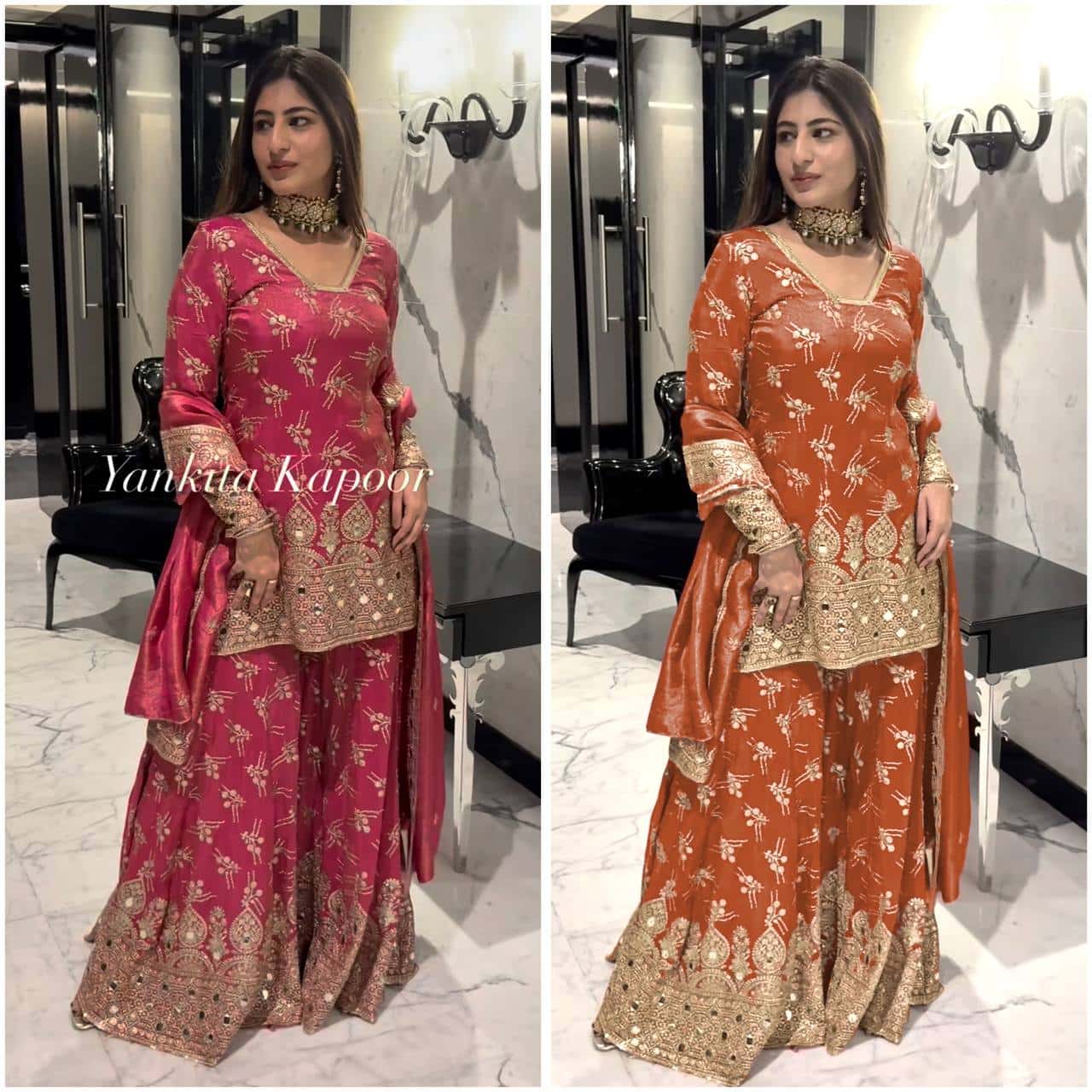 "Elegance Redefined: Heavy Simmer Silk Sharara Set with Embroidery Sequence Work"