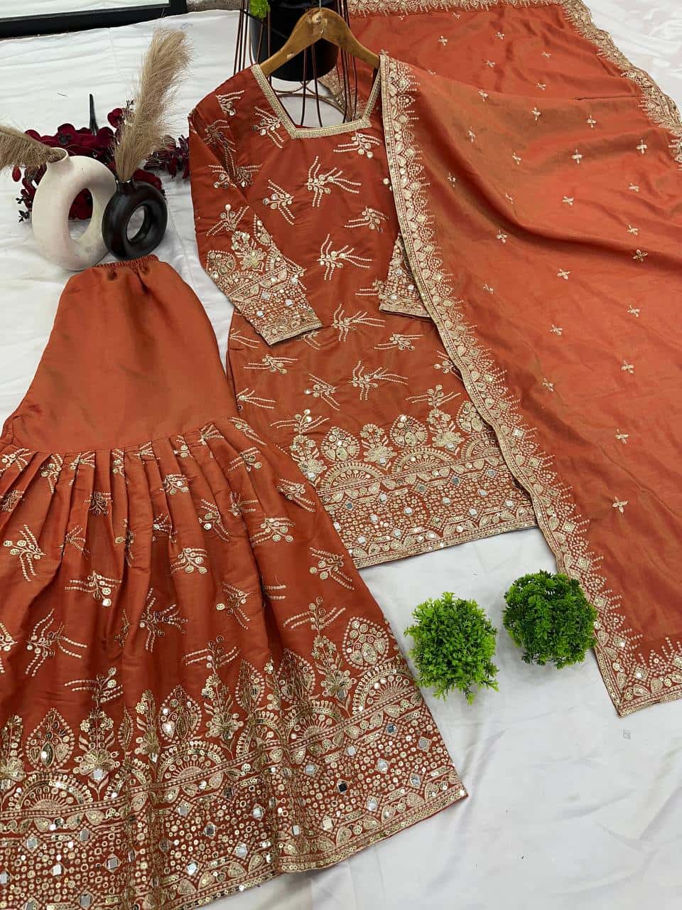 "Elegance Redefined: Heavy Simmer Silk Sharara Set with Embroidery Sequence Work"