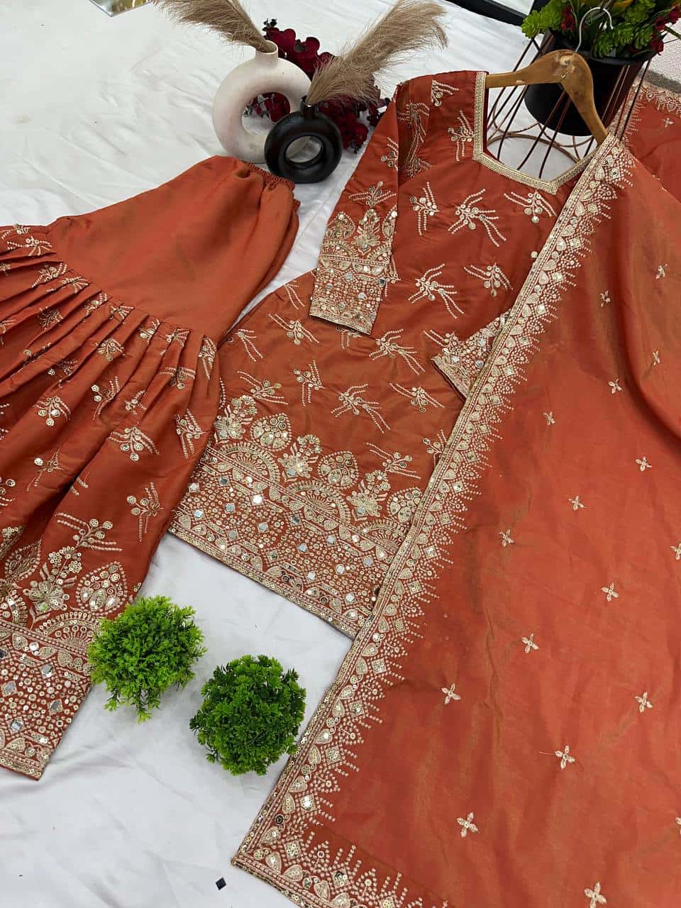 "Elegance Redefined: Heavy Simmer Silk Sharara Set with Embroidery Sequence Work"